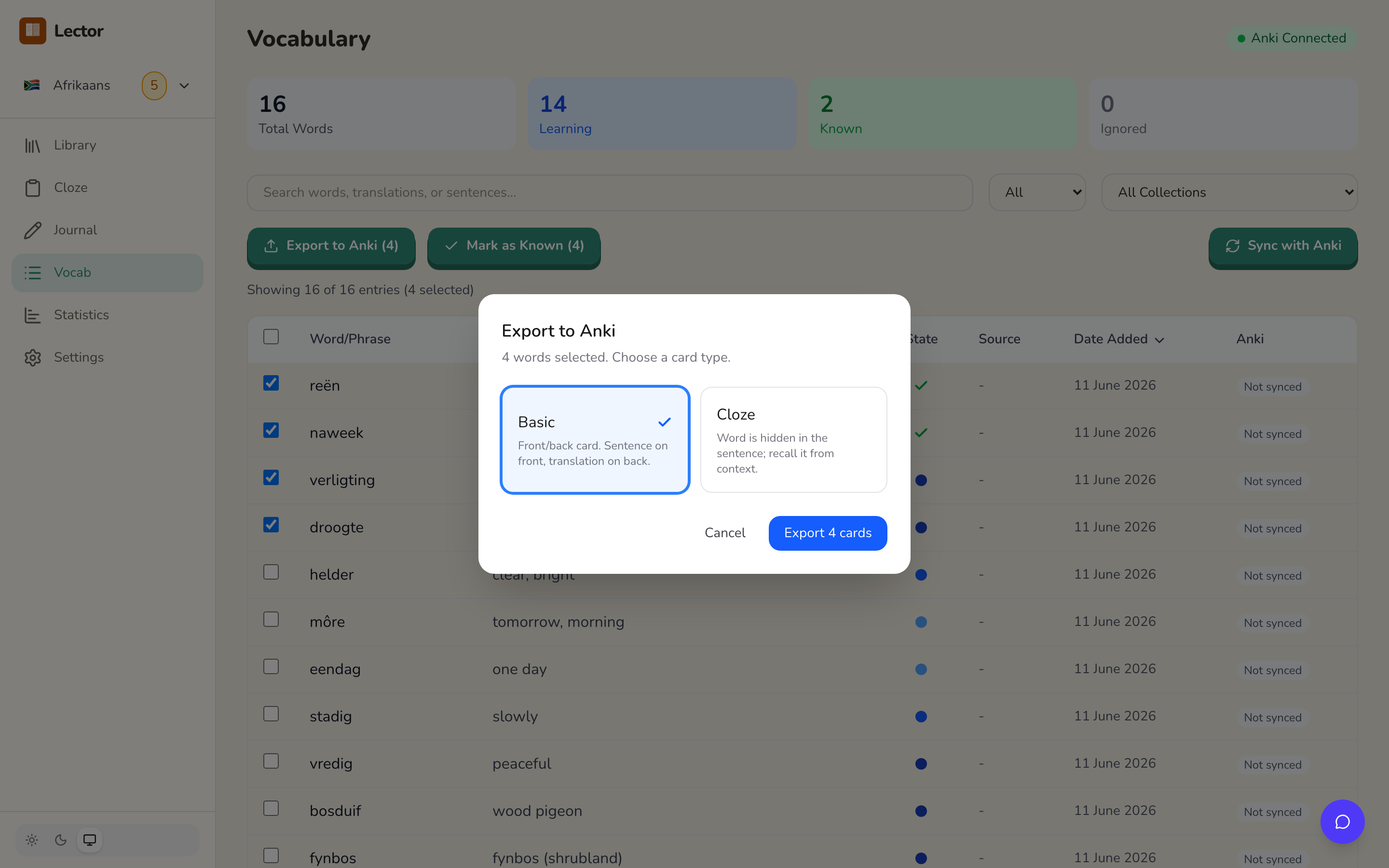 Export-to-Anki dialog choosing Basic or Cloze card type