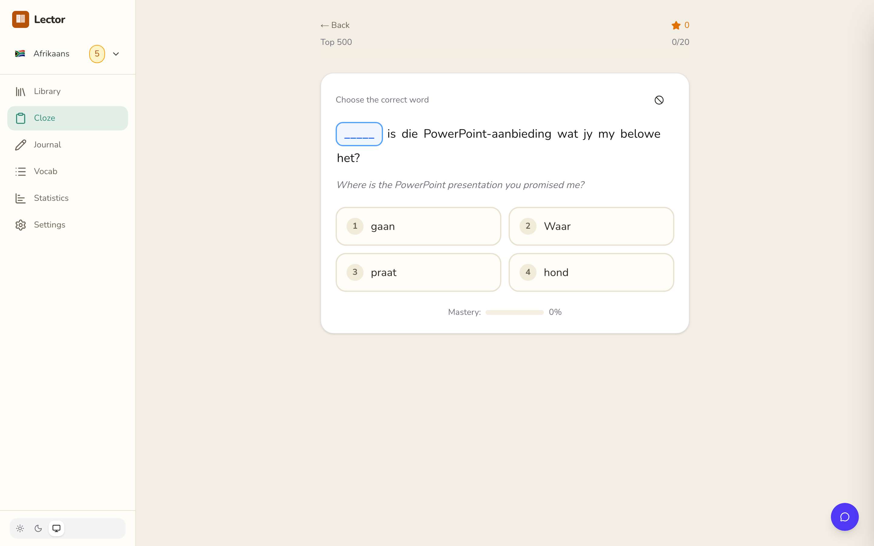 Cloze practice with multiple-choice options and mastery tracking