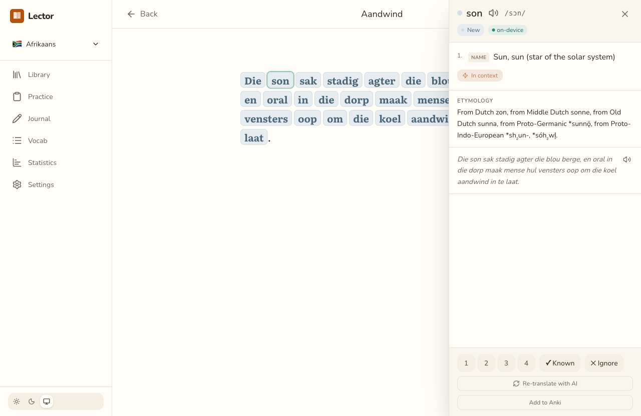 Lector reading an Afrikaans passage with colour-coded word states and click-to-translate