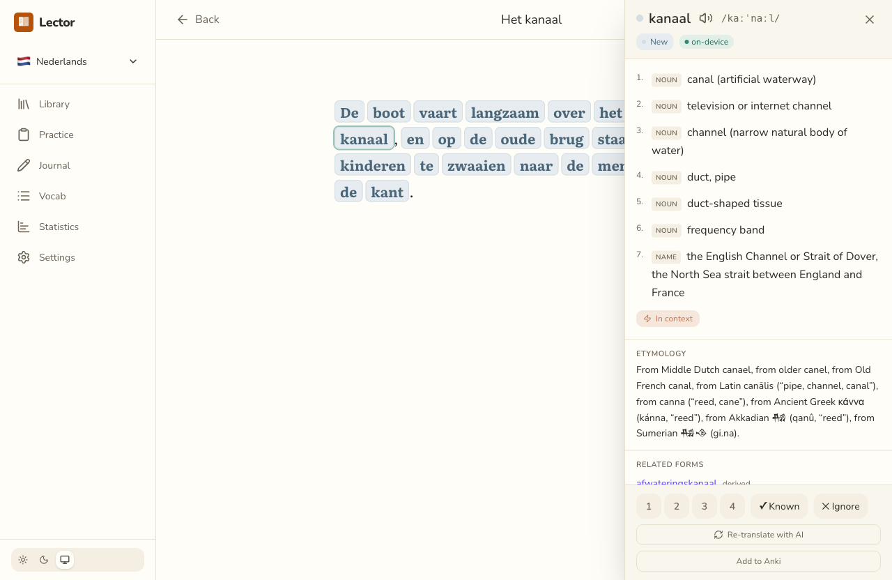 Lector reading a Dutch passage with colour-coded word states and click-to-translate