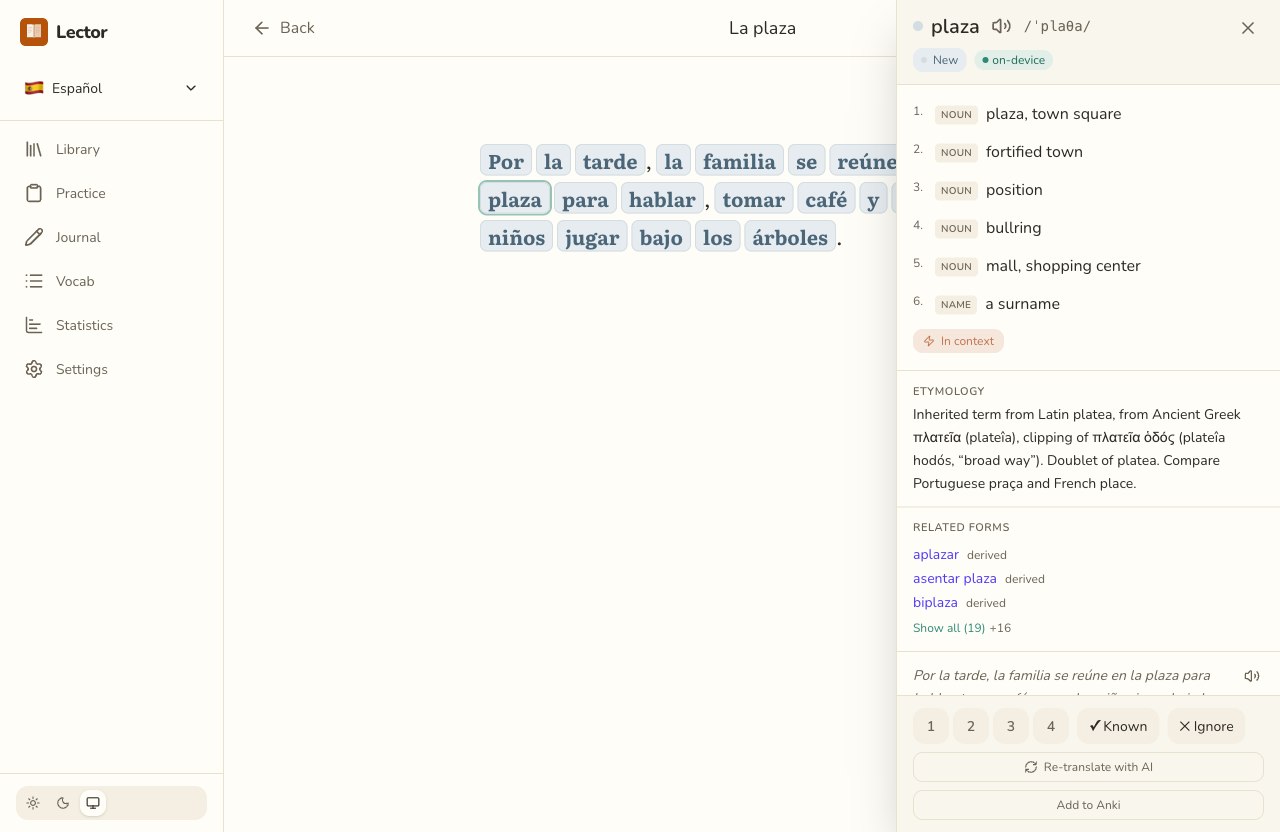 Lector reading a Spanish passage with colour-coded word states and click-to-translate
